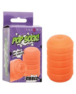 A product image of a ribbed, orange, stretchy sleeve next to its packaging that reads "Pop Sock! Soft, Tight, and Stretchy" from CalExotics.