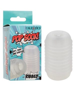 A translucent, ribbed sleeve next to its product packaging labeled "CalExotics Pop Sock! Ribbed" with a description "soft, tight and stretchy."