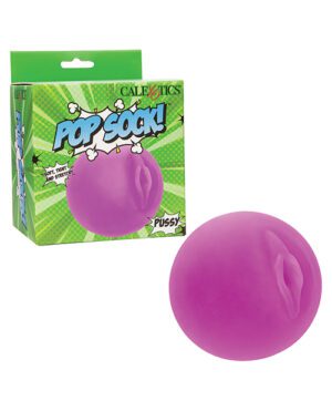 The image shows a purple stress-relief ball with a specific shape next to its packaging, which is a box with the product name "POP SACK!" printed on it, along with the brand "CALEXOTICS" and additional text.