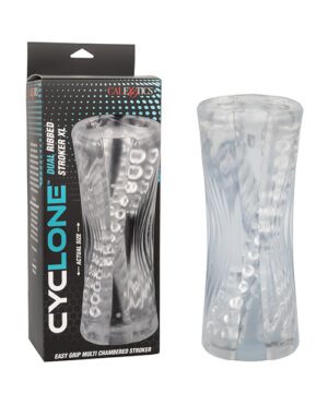 Product image showing the packaging and actual Cyclone Dual-Layered Stroker, which is a textured, transparent silicone sleeve.