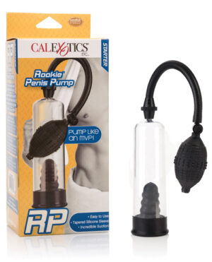 Alt text: A Rookie Penis Pump by CalExotics in its packaging next to the actual product, which includes a clear cylinder with a black pump bulb attached by a flexible hose.