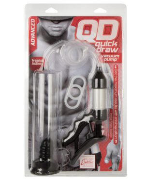 Alt text: A packaged "Quick Draw Vacuum Pump" product with clear plastic cylinders and black handle, against a backdrop featuring a man from shoulders up with a concealed face.