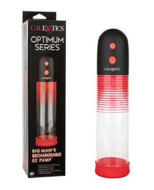 A CalExotics Optimum Series Big Man's Rechargeable Pump in packaging next to an unpackaged pump.