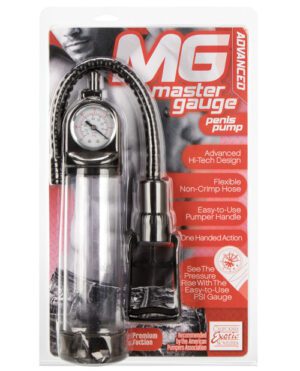 Product packaging for a "Master Gauge Penis Pump" with features listed such as advanced design, flexible hose, one-handed action, and a PSI gauge visible on the device.