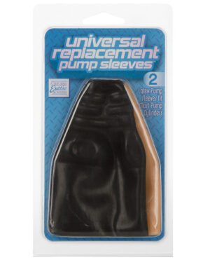 Packaging of "Universal Replacement Pump Sleeves" containing two items, one black and one flesh-toned, designed to fit most pump cylinders.