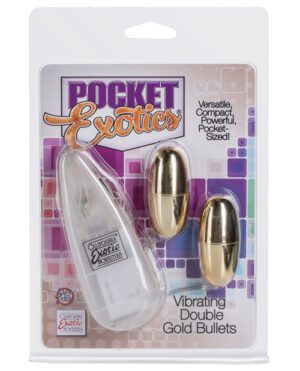 The image shows a product packaging for "Pocket Exotics Vibrating Double Gold Bullets" against a purple and white background, featuring two bullet-shaped devices and a control unit, marketed as compact and powerful with a pocket-size design.