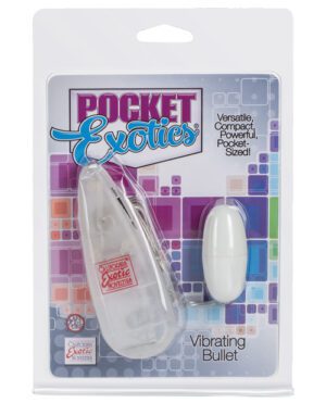 A product packaging for "Pocket Exotics Vibrating Bullet" which includes a small bullet-shaped device and a remote control wired to it, sealed in a clear plastic blister on a card with a geometric pattern and text highlighting its features.