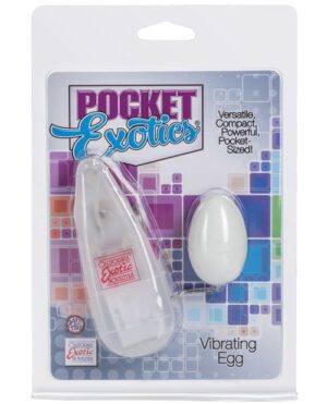 Packaging for "Pocket Exotics Vibrating Egg" with the product visible through a clear plastic window. The package is predominantly purple with text highlighting the product's features such as versatility, compact size, and power.
