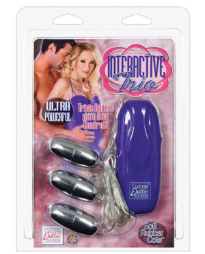 Packaging for a set of interactive bullet vibrators featuring a remote control and three bullet attachments, designed for enhanced experiences.