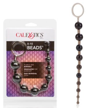 A product image featuring a packaged string of graduated beads designed for adult use with a label indicating the item is pliable, durable, and has an easy retrieval loop, branded by CalExotics.