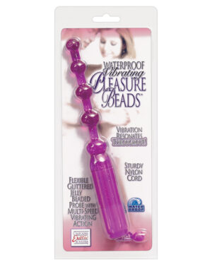 A packaging image of waterproof vibrating pleasure beads featuring a flexible jelly probe with beaded design and multi-speed vibration settings.