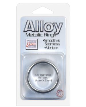 Packaging for an "Alloy Metallic Ring", medium size, with a 1.5" diameter and .75" width. The product is noted to be smooth and seamless, branded by California Exotic Novelties.