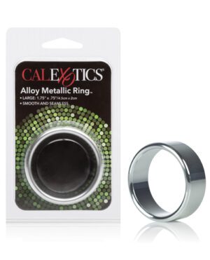 A packaging of CalExotics Alloy Metallic Ring with a view of the ring both in and out of the package. The packaging specifies the size as "LARGE: 1.75" x .75"/4.5cm x 2cm" and describes the product as "SMOOTH AND SEAMLESS."