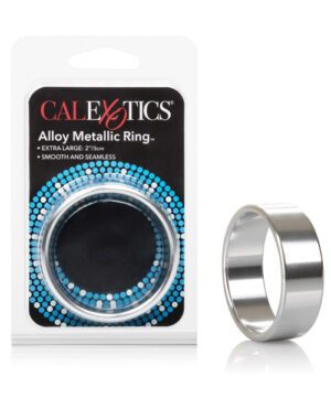 Packaging for a 'CALEXOTICS Alloy Metallic Ring' with an extra large metallic ring beside it. The packaging emphasizes that the product is 'EXTRA LARGE: 2"/5cm,' and describes it as 'SMOOTH AND SEAMLESS.'