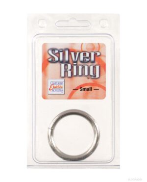 A silver ring packaged in a clear plastic blister pack with a cardboard backing that says "Silver Ring" along with the brand "California Exotic Novelties" and size "Small."
