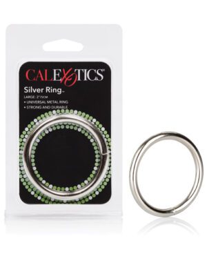 Packaging of a "CALEXOTICS Silver Ring" with a large 2.5cm universal metal ring displayed next to its open blister pack. The packaging highlights the characteristics of the ring as strong and durable.