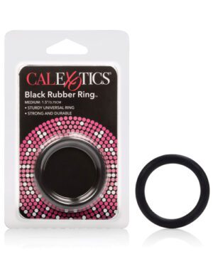 A medium-sized black rubber ring by CalExotics, packaged in a clear plastic blister with a black and pink background, labeled as sturdy, universal, and durable.