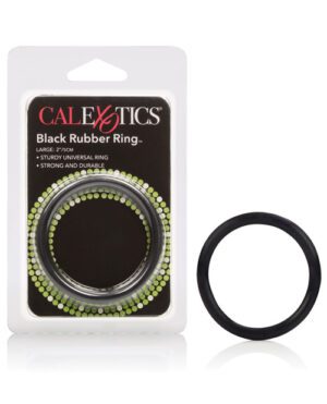 Packaging for a "CalExotics Black Rubber Ring" displayed with a black rubber ring next to it. The package emphasizes the product is large, sturdy, universal, and durable.
