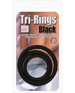 Packaging of "Tri-Rings Black," which includes three different-sized multi-purpose rubber rings, with a background image featuring a torso.