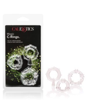 Packaging for "Magic C-Rings" featuring a set of 3 clear silicone rings with unique designs, marketed by CalExotics.