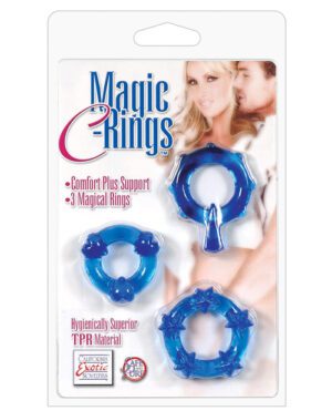 Packaging of "Magic Rings" featuring three blue support rings and an image of a smiling woman with a man in the background. The text highlights "Comfort Plus Support," "3 Magical Rings," and notes the product is made from TPR material.
