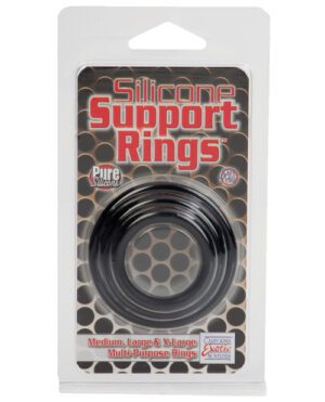 Packaging for "Silicone Support Rings" containing three different sized black rings, labeled as medium, large, and X-large, made from pure silicone.