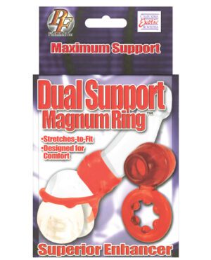 Packaging for a "Dual Support Magnum Ring" which is a product designed for adult use, featuring text that highlights "Maximum Support," "Stretches-to-Fit," and "Designed for Comfort."