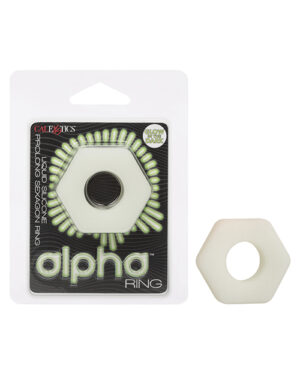 Product packaging for an 'Alpha Ring' by CalExotics, featuring a hexagonal silicone ring in ivory color, displayed both within the clear blister pack and outside to the right for better view. The packaging has green and black graphic elements with text highlighting the product name and features such as "prolongs pleasure" and "glow in the dark."
