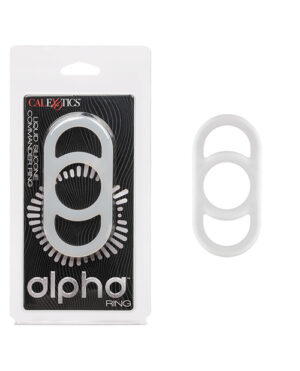 White Alpha Ring by CalExotics in packaging next to a loose white ring with multiple openings. The packaging has a black and silver design.