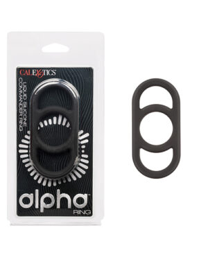 Packaging for an "Alpha Ring" by CalExotics with the product displayed next to the packaging, featuring a black double-ring design.