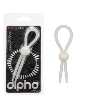 Alt text: A packaged "Alpha Ring" hand exerciser displayed alongside an unpackaged example of the product, both featuring adjustable tension for strengthening exercises.