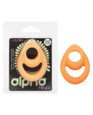 Packaging of a CalExotics OptiMALE 3-Ring set displayed next to an orange silicone ring, positioned on a white background.