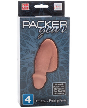 Packer Gear Packing Penis:::Packaging of a 4-inch pure skin packing penis designed for use with harnesses or other accessories.