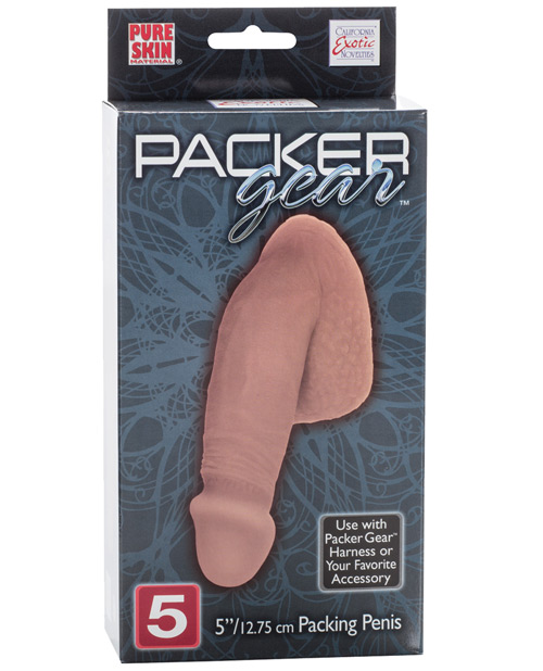 Packaging for a 5-inch packing penis suitable for use with harnesses and other accessories.