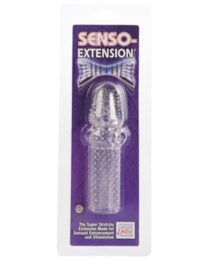 Packaging for a SENSO-EXTENSION product, featuring a clear silicone sleeve inside a blister pack, with purple branding and text describing it as "The Super Stretchy Extension Made for Sensual Enhancement and Stimulation."