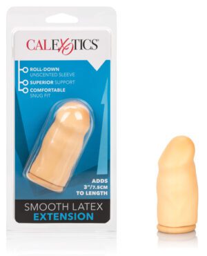 Packaging for a "CalExotics Smooth Latex Extension" with a skin-toned sheath displayed both within the package and beside it, highlighting the product's features such as adding length and providing a snug fit.