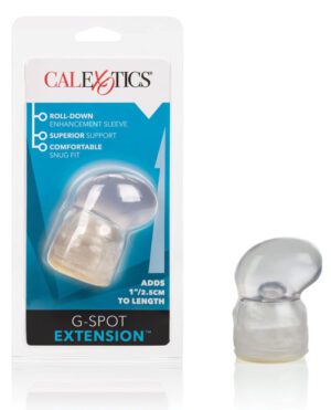 Product packaging for a "G-Spot Extension" sleeve, by CalExotics, highlighting features such as "roll-down enhancement sleeve," "superior support," and "comfortable snug fit," claiming to add 1.5 inches in length.