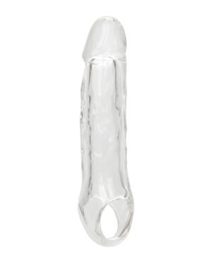 A clear, unrolled latex condom displayed vertically against a pure white background.