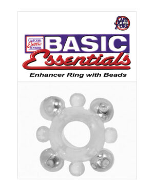 Product packaging showing a "BASIC Essentials Enhancer Ring with Beads" by California Exotic Novelties, featuring the clear ring with beads against a white background.