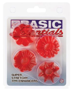 Alt text: A package with four red, stretchy plastic rings of varying designs, labeled "BASIC Essentials - SUPER-STRETCHY TPR ENHANCERS."