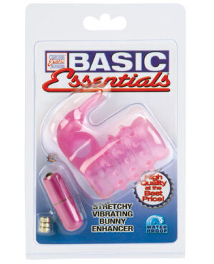 A pink vibrating enhancer packaged in a clear box with the label "Basic Essentials," highlighting its waterproof feature and affordability.