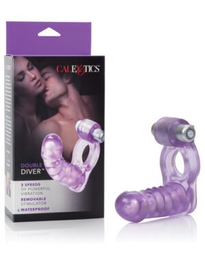 Product packaging and a purple adult toy with a double-ended design and a removable bullet vibrator.
