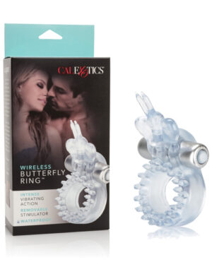 Product packaging and a wireless butterfly ring from CalExotics with features listed such as intense vibration, removable stimulator, and waterproof design.