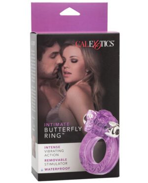 Alt text: Packaging for a "CalExotics Intimate Butterfly Ring" adult toy, featuring a waterproof and vibrating ring with a butterfly design. The box includes an image of a couple embracing and product details.