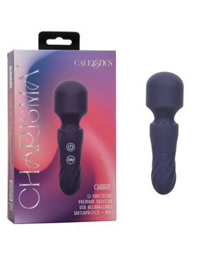 Product packaging and item display for a "Charisma Charm" personal massager by CalExotics, highlighting its 12 functions, premium silicone material, USB rechargeability, and waterproof design.