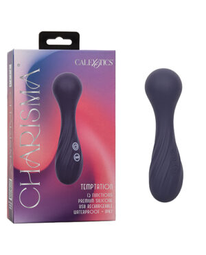 Product packaging for "Charisma" alongside the depicted product, with the brand name "CALEXOTICS" highlighted at the top and the product name "Temptation" with features like "12 functions, premium silicone, USB rechargeable, waterproof - IPX7" listed.