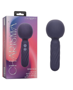 Product packaging and item for a "Charisma Seduction" personal massager by CalExotics, featuring a purple color, 10 functions, rechargeable via USB, and waterproof design. The massager is displayed both inside the box and standalone to its right.