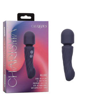 A product image showing the packaging and the Charisma Allure personal massager by CalExotics. The box has the product name with features listed including "dual motors," "12 functions," "premium silicone," "USB rechargeable," and "waterproof." The massager itself is black with visible control buttons, depicted outside the box to the right.