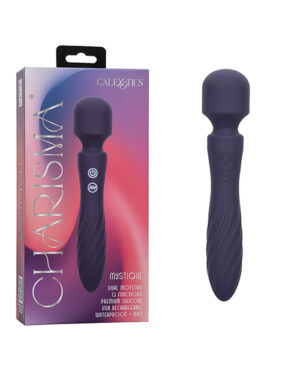 A massage wand and its packaging with the brand 'Charisma' and model name 'Mystique' on the box, highlighting features like dual motors, 10 functions, premium silicone, USB rechargeable, and waterproof.