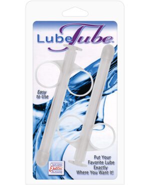 Packaging of LubeTube applicators displaying two cylindrical tubes for lubricant application with the tagline "Put Your Favorite Lube Exactly Where You Want It!" and additional descriptions indicating ease of use.
